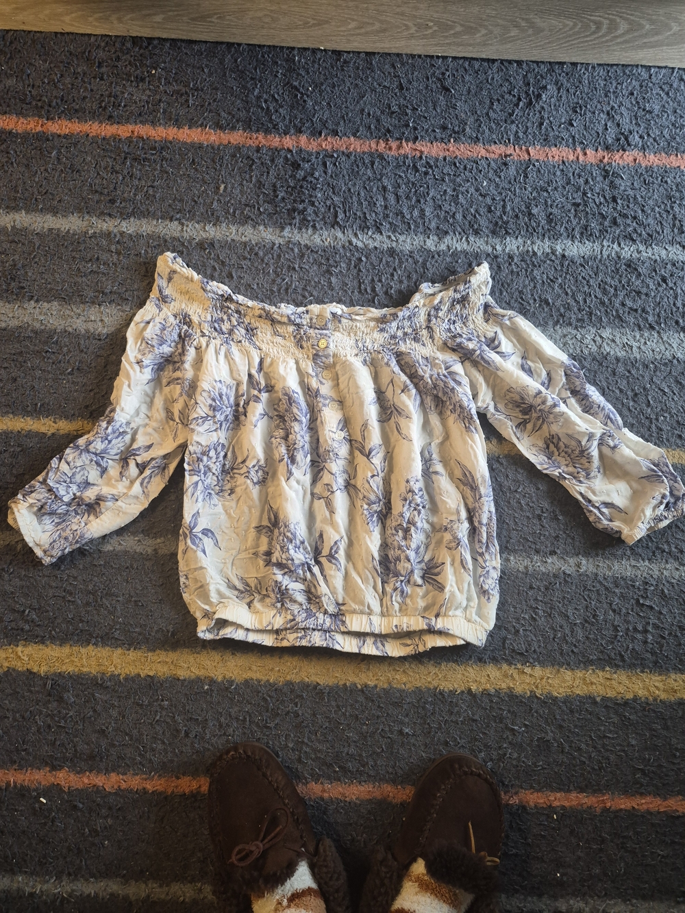 Socialite Cream Off-Shoulder Floral Blouse with Blue Print